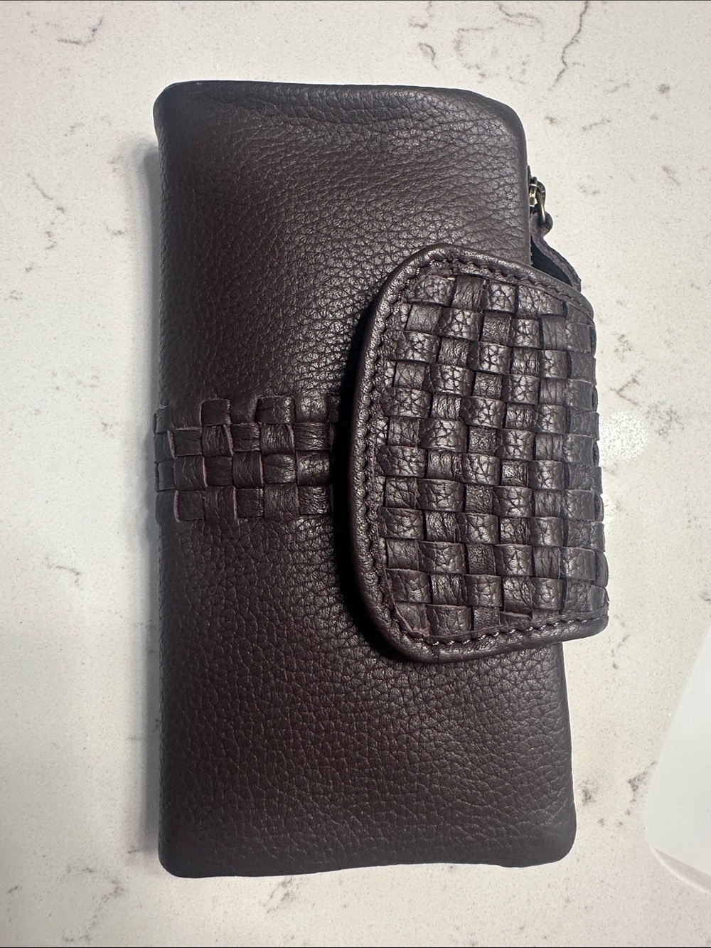 Woven Detail Brown Leather Wallet